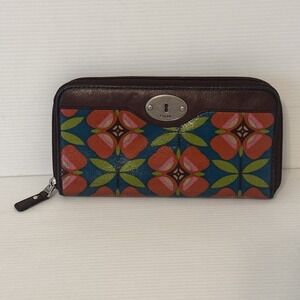 Fossil Key Wallet Brown Floral Coated Leather Zip Around 8x4 Cards Checkbook